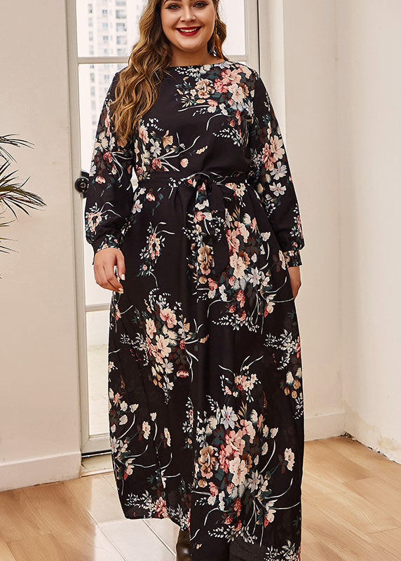 Plus Size Black Print Tie Waist Vacation Long Dresses Fall