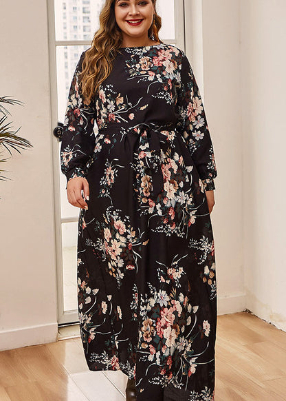 Plus Size Black Print Tie Waist Vacation Long Dresses Fall