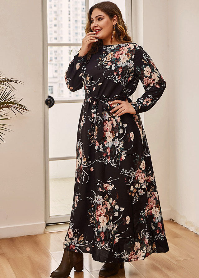 Plus Size Black Print Tie Waist Vacation Long Dresses Fall
