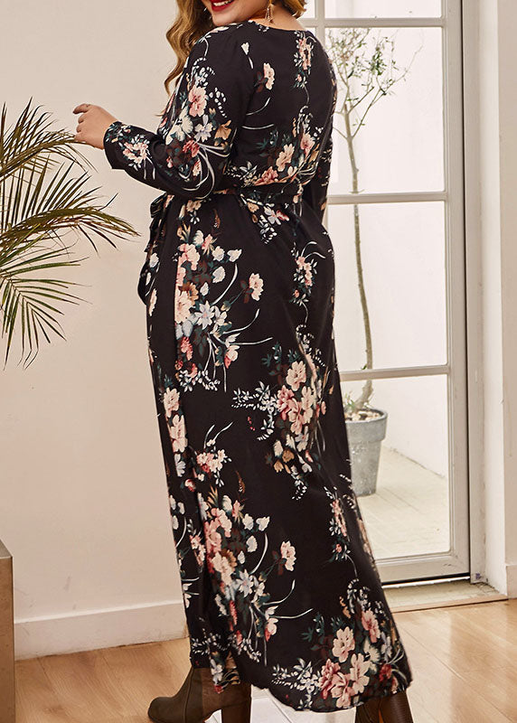 Plus Size Black Print Tie Waist Vacation Long Dresses Fall