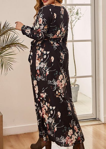 Plus Size Black Print Tie Waist Vacation Long Dresses Fall