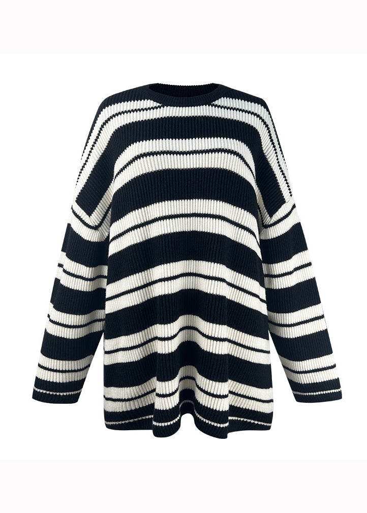 Plus Size Black Striped O Neck Patchwork Knit Top Fall