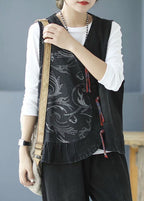 Plus Size Black Tasseled Patchwork denim Sleeveless Vest