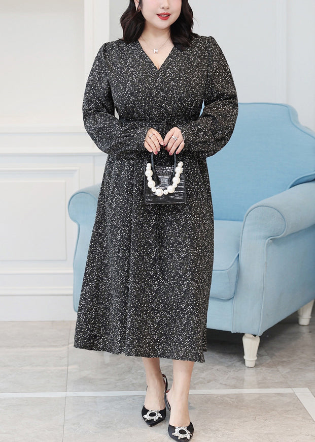 Plus Size Black V Neck Print Patchwork Chiffon Long Dresses Fall