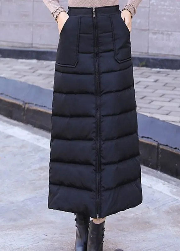 Plus Size Black Zip Up Pockets Fine Cotton Filled Skirt Winter