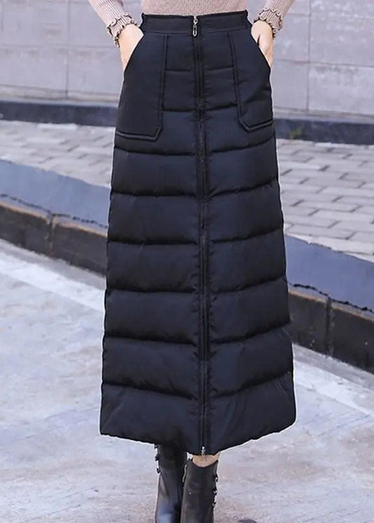Plus Size Black Zip Up Pockets Fine Cotton Filled Skirt Winter