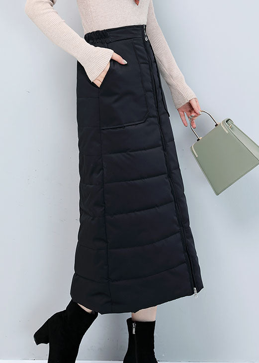 Plus Size Black Zip Up Pockets Fine Cotton Filled Skirt Winter