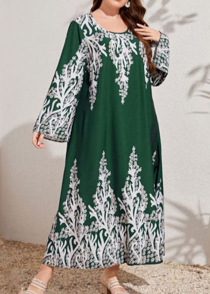 Plus Size Blackish Green O Neck Print Cotton Dress Long Sleeve