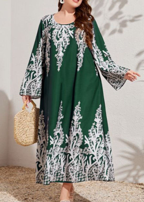 Plus Size Blackish Green O Neck Print Cotton Dress Long Sleeve