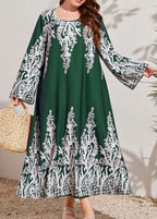 Plus Size Blackish Green O Neck Print Cotton Dress Long Sleeve