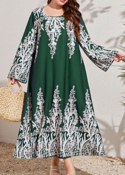 Plus Size Blackish Green O Neck Print Cotton Dress Long Sleeve