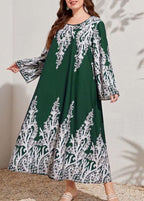Plus Size Blackish Green O Neck Print Cotton Dress Long Sleeve