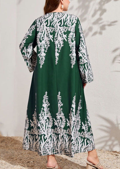 Plus Size Blackish Green O Neck Print Cotton Dress Long Sleeve