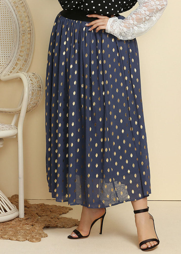 Plus Size Blue Dot Print Patchwork Chiffon Pleated Skirt Summer