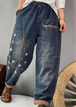 Load image into Gallery viewer, Plus Size Blue Embroideried Pockets denim Pants Spring