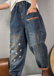 Plus Size Blue Embroideried Pockets denim Pants Spring