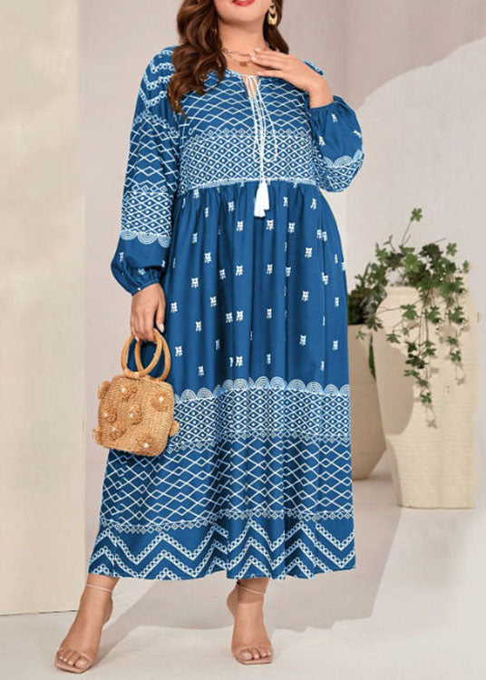Plus Size Blue Lace Up Print Patchwork Cotton Long Dress Fall