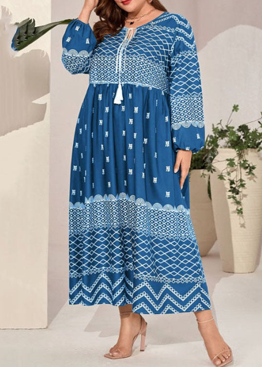 Plus Size Blue Lace Up Print Patchwork Cotton Long Dress Fall