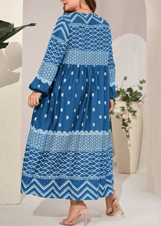 Plus Size Blue Lace Up Print Patchwork Cotton Long Dress Fall