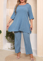Plus Size Blue O-Neck Tops And Pants Cotton Two Piece Set Outfits Half Sleeve