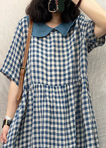 Plus Size Blue Peter Pan Collar Plaid Linen Dresses Summer