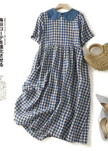 Load image into Gallery viewer, Plus Size Blue Peter Pan Collar Plaid Linen Dresses Summer