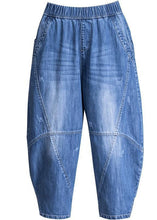 Load image into Gallery viewer, Plus Size Blue Pockets Patchwork lantern Fall Denim Pants