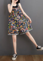 Plus Size Blue Print Pockets Patchwork Denim Shorts Jumpsuit Summer