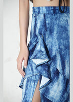Plus Size Blue Tie Dye Asymmetrical design Ruffles Skirts