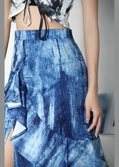 Plus Size Blue Tie Dye Asymmetrical design Ruffles Skirts