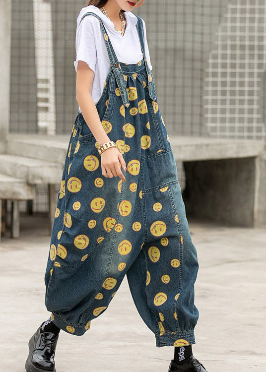 Plus Size Blue smile Print Patchwork Pockets Denim Jumpsuit Sleeveless