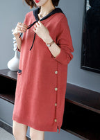Plus Size Brick Red Patchwork Button Thick Hooded Knit Woolen Sweater Dress Fall