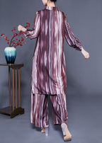 Plus Size Brown Peter Pan Collar Tie Dye Silk Long Shirt And Straight Pants Two Pieces Set Spring