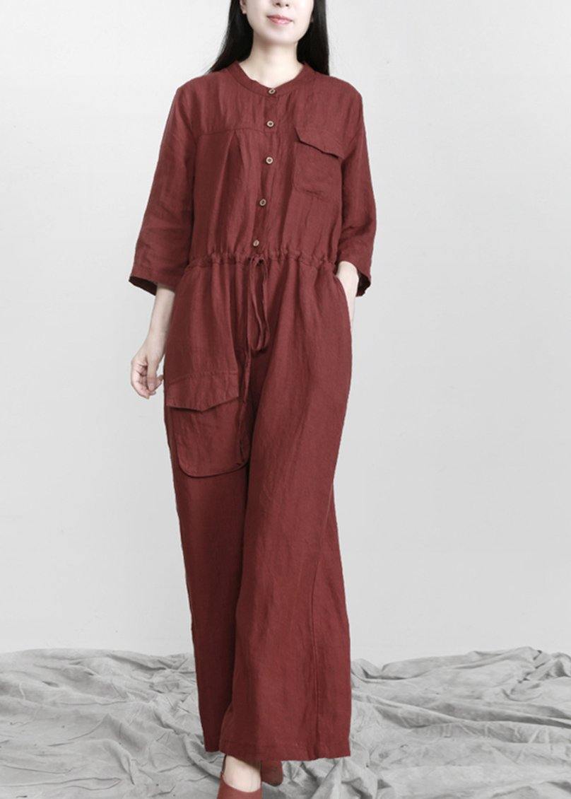 Plus Size Burgundy drawstring Half Sleeve Linen Body Suits Romper