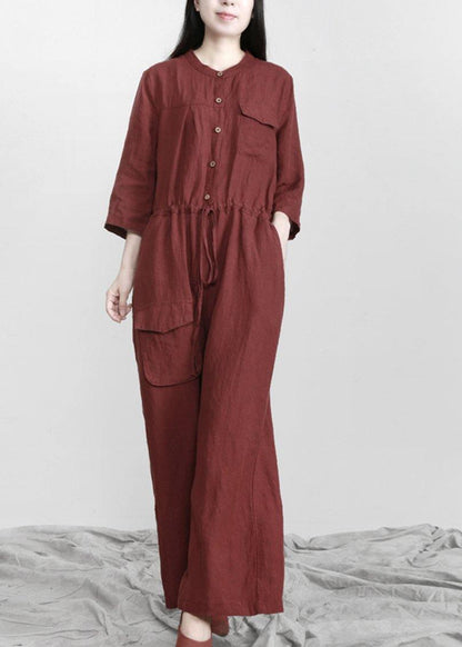 Plus Size Burgundy drawstring Half Sleeve Linen Body Suits Romper