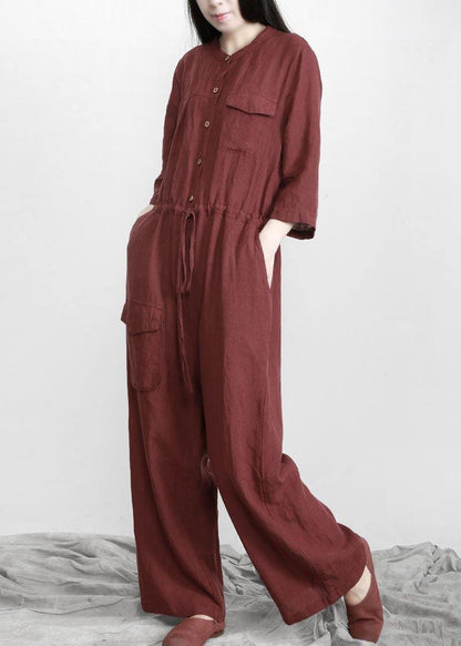 Plus Size Burgundy drawstring Half Sleeve Linen Body Suits Romper