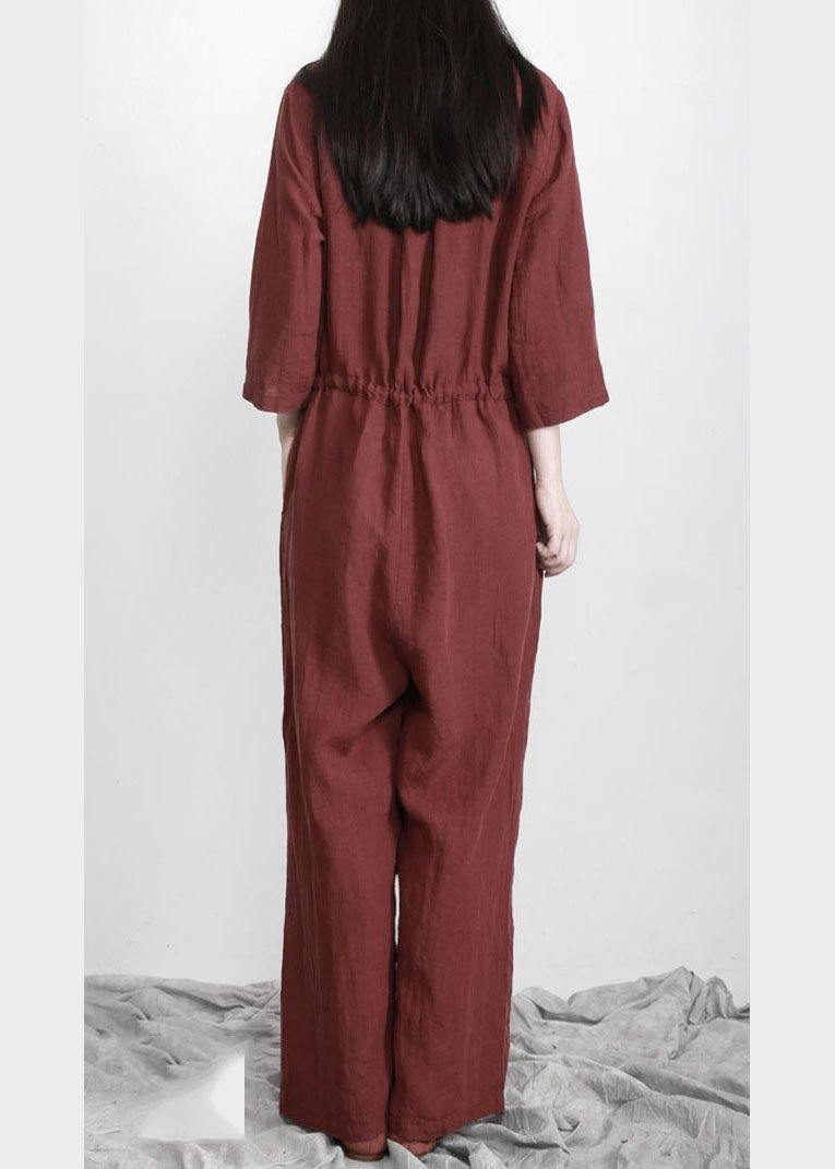 Plus Size Burgundy drawstring Half Sleeve Linen Body Suits Romper
