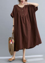Load image into Gallery viewer, Plus Size Coffee O Neck Wrinkled Patchwork Cotton Long Dresses Short Sleeve