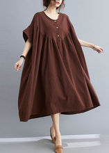 Load image into Gallery viewer, Plus Size Coffee O Neck Wrinkled Patchwork Cotton Long Dresses Short Sleeve