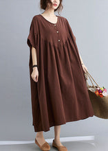 Load image into Gallery viewer, Plus Size Coffee O Neck Wrinkled Patchwork Cotton Long Dresses Short Sleeve