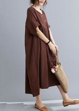 Load image into Gallery viewer, Plus Size Coffee O Neck Wrinkled Patchwork Cotton Long Dresses Short Sleeve