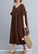 Load image into Gallery viewer, Plus Size Coffee O Neck Wrinkled Patchwork Cotton Long Dresses Short Sleeve