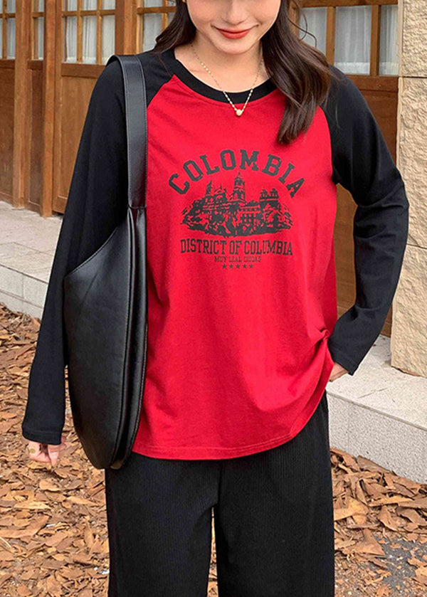 Plus Size Colorblock O Neck Print Cotton T Shirts Top Fall