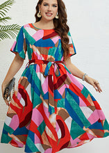Load image into Gallery viewer, Plus Size Colorblock Print Tie Waist Patchwork Chiffon Dresses Summer