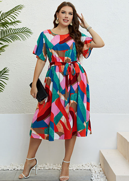 Plus Size Colorblock Print Tie Waist Patchwork Chiffon Dresses Summer