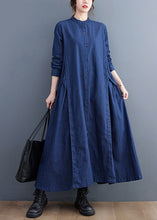 Load image into Gallery viewer, Plus Size Denim Black Stand Collar Patchwork Wrinkled Button Ankle Shirts Dress Long Sleeve