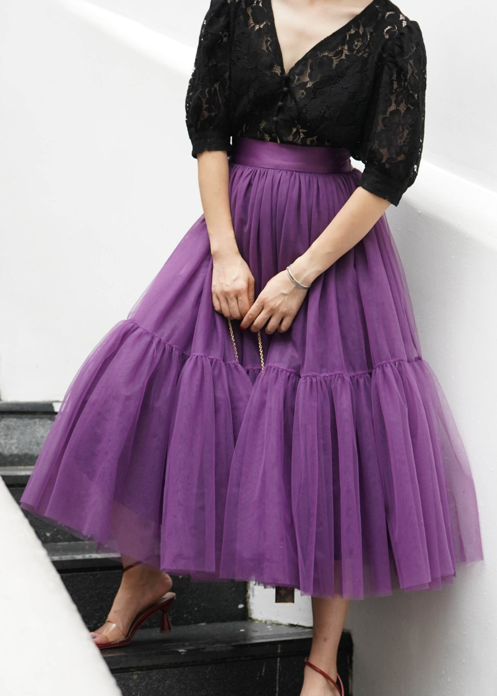 Plus Size Fashion Purple Patchwork Tulle Skirt Spring