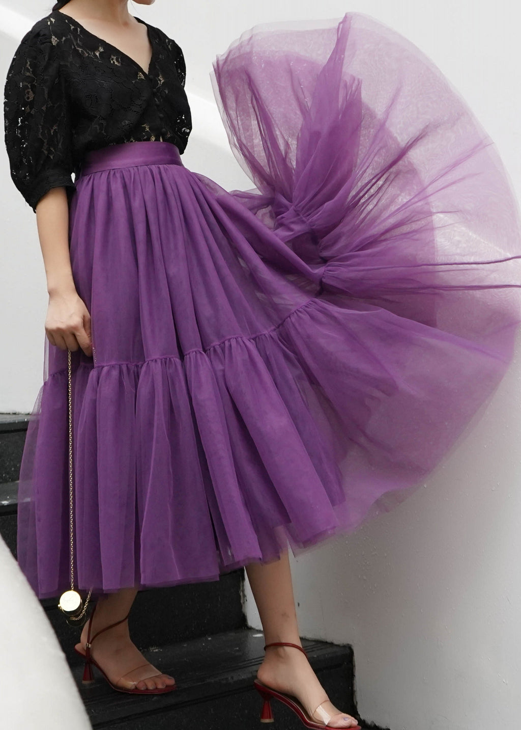 Plus Size Fashion Purple Patchwork Tulle Skirt Spring