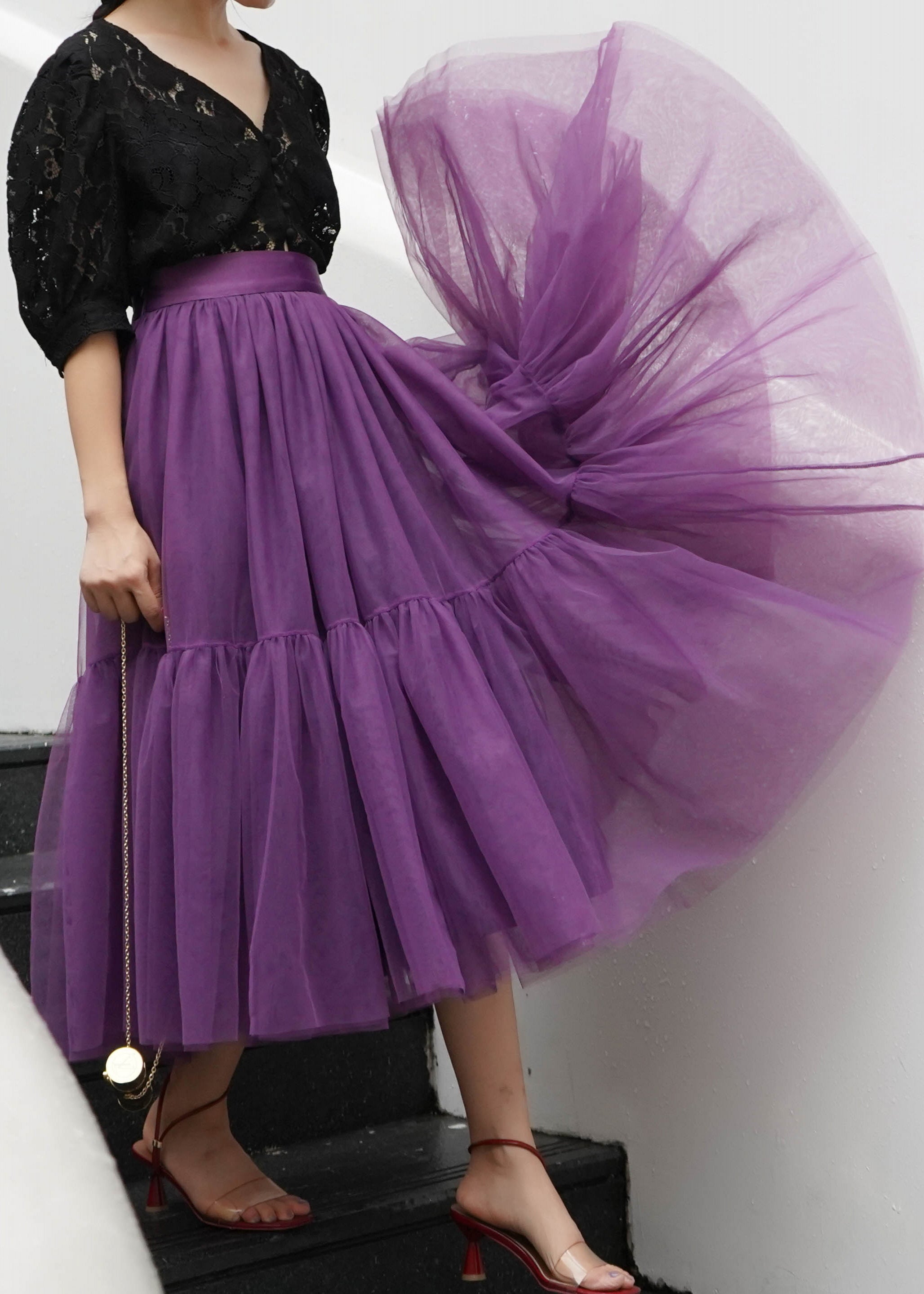 Plus Size Fashion Purple Patchwork Tulle Skirt Spring