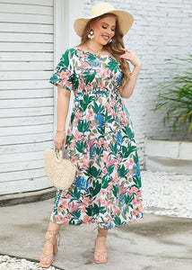 Plus Size Floral Print Tie Waist Patchwork Chiffon Long Dress Summer